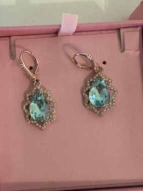Aquamarine Teardrop Halo Drop Earrings - Swarovski
